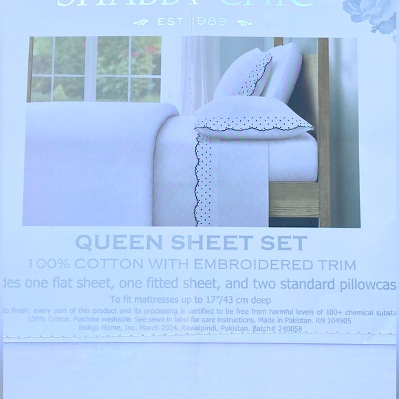 Shabby Chic White Cotton Embroidered Scallop Dot Navy Blue QUEEN Sheet Set 4pc - Picture 9 of 9